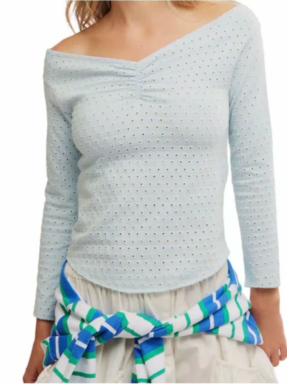 NWT Free People Ice Water Combo Light Blue Eyelet Off-Shoulder Long Sleeve Top S
